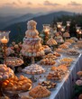 Con la caída del crepúsculo, se despliega un suntuoso surtido de postres bajo un suave resplandor, con una majestuosa torre de macarons reinando sobre un dulce banquete.