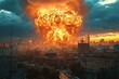 A city is shown with a large explosion in the sky