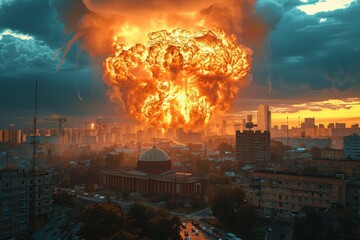 Poster - A city is shown with a large explosion in the sky
