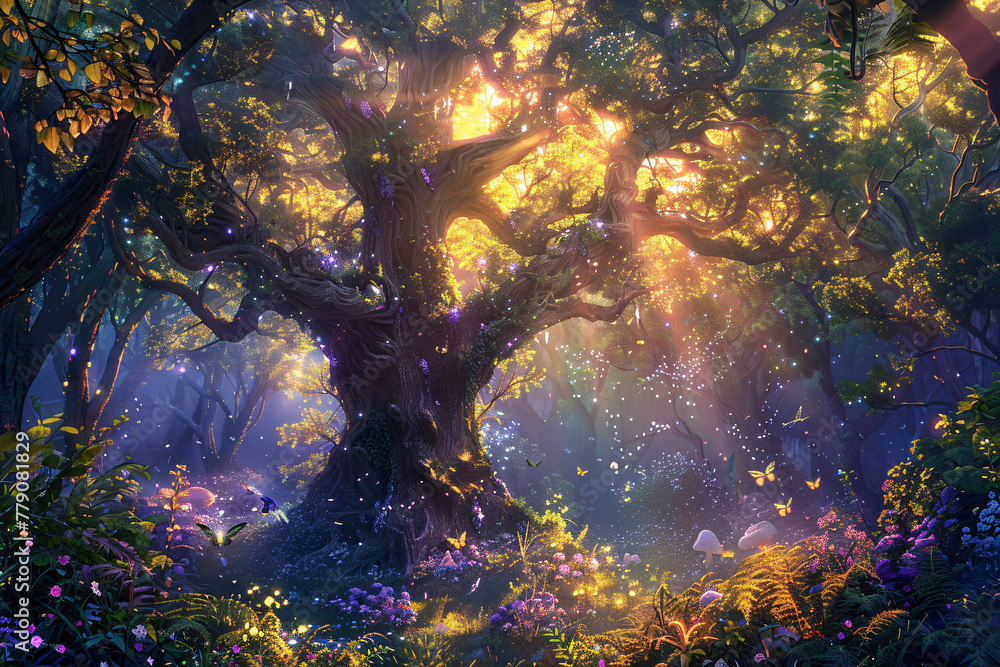 Enchanted forest path with magical trees and glowing lights. Fantasy ...