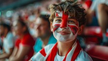 A Young Boy With A British Flag Painted On His Face Is Smiling At The Camera. Football Fan At The Football Championship