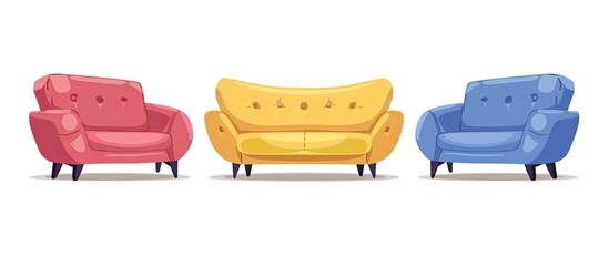 Sticker - Three vibrant chairs and a cozy couch arranged next to each other on a clean white background, showcasing a mix of outdoor furniture made from hardwood with armrests for added comfort