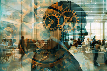 A man's head is shown in a blurry image with gears surrounding it