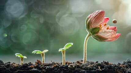 Stages of plant growth from seedlings to blooming flower. Macro photography of life cycle and nature growth concept. Design for educational material, poster, wallpaper with place for text