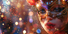 Beautiful Asian Young Woman In Carnival Mask Part And Stylish Masquerade Costume With Feathers And Sparklers In Colorful Bokeh On Golden Bokeh Background
