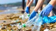 Volunteers cleaning a littered beach to protect the environment. Hands picking up plastic bottles, showing conservation efforts. A clear message of ecology and responsibility. AI