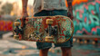 Man holding a worn skateboard, graffiti background.