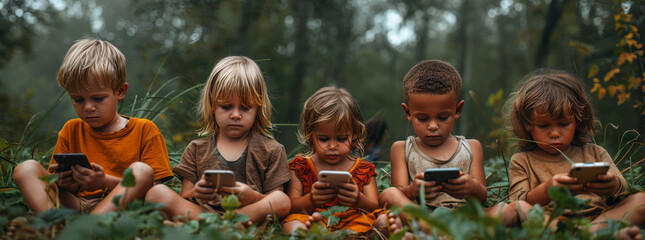 Wall Mural - Children in solitude, lost in screens amidst lush greenery. A poignant portrayal of disconnection in a natural, vibrant setting.generative ai