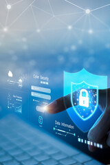 businessperson using is using laptop for cyber security protection.cyber security concept, user privacy security and encryption, secure internet access Future technology and cybernetics, vertical
