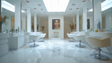 Fototapeta Londyn - inside a very bright beauty salon. We're focused on one of the neutral colored walls.generative ai