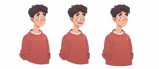 A cartoon boy in a red sweater with various facial expressions, his hair, arm, neck, jaw, and sleeve depicted. His dress is detailed with a range of emotions like smile and gestures