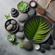 Spa composition with zen stones on grey background, top view generated by ai