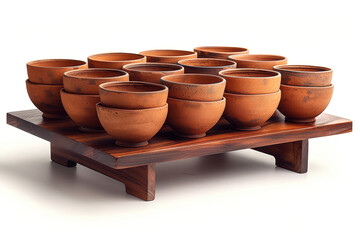 Wall Mural - Collection of handmade clay pots on wooden stand with legs. Handcraft clay crockery imbues space with warmth and character of traditions.
