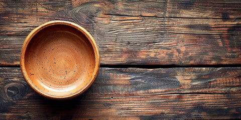 Wall Mural - Brown empty clay bowl put on rustic wooden table. Earthy tones of pottery complement warms hue of morning meal creating visually pleasing tableau.