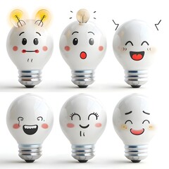 Cheerful Lightbulb Emoticons Playfully Expressing Diverse Emotions on White Background