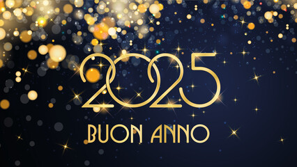 Wall Mural - biglietto o banner per augurare un felice anno nuovo 2025 in oro con cerchi color oro e glitter con effetto bokeh su sfondo blu