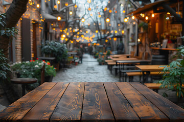 Wall Mural - Empty wood table with blured street food market background with copy space