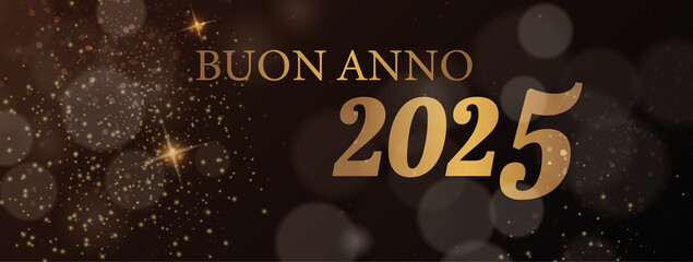 Wall Mural - biglietto o striscione per augurare un felice anno nuovo 2025 in oro su sfondo nero con cerchi di stelle e glitter color oro con effetto bokeh