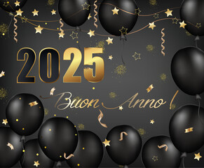 Wall Mural - biglietto o striscione per augurare un felice anno nuovo 2025 in oro e nero con palloncini neri su sfondo grigio sfumato con stelle e stelle filanti color oro