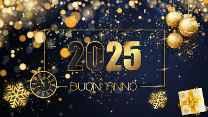 Wall Mural - biglietto o striscione per augurare un felice anno nuovo 2025 in oro su sfondo blu con glitter e cerchi effetto bokeh, un orologio, regali, fiocchi di neve e pallina di Natale dorata