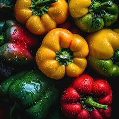 Sweet paprika. Colorful Red, Yellow, and Green Fresh Red Bell Peppers with Water Drops Background 