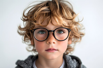 Close portrait of beautiful caucasian kid boy with glasses,  isolated on a white background