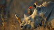 Unique partnership  oxpecker removing parasites from rhinoceros, highlighting size contrast