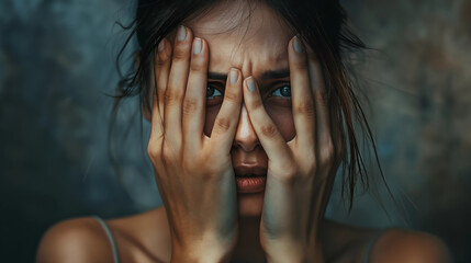 Wall Mural - Scared woman holding her hand, symbolizing domestic violence