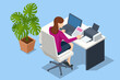 Isometric woman using modern printer in office. New modern printer. Business person sitting at table taking document from printer