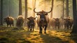 A small herd of brown bulls walking through a sunlit forest.


