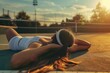 Woman Laying on Tennis Court With Racquet