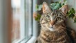 Tabby cat with wide eyes on sunlit windowsill, close up portrait with focused whiskers