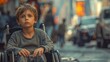 Close up photo of confused cerebral palsy boy sitting in the wheelchair at crowded city street. Image related to vulnerability of disabled people which needs a help in some situations.
