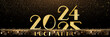 © emmanuel - biglietto o striscione per augurare un felice anno nuovo 2025 in oro su sfondo nero con glitter color oro e cerchi effetto bokeh e il 2024 che passa al 2025