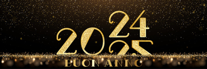 Wall Mural - biglietto o striscione per augurare un felice anno nuovo 2025 in oro su sfondo nero con glitter color oro e cerchi effetto bokeh e il 2024 che passa al 2025