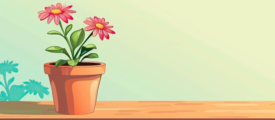 Sticker - A houseplant with pink flowers is blooming in a flowerpot on a hardwood table