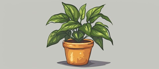 Sticker - An illustration of a houseplant with green leaves in a flowerpot, set against a gray background