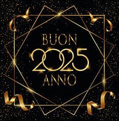 Wall Mural - biglietto o striscione per augurare un felice anno nuovo 2025 in oro in un quadrato e due diamanti color oro su sfondo nero con paillettes e stelle filanti color oro