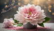 Karte oder Banner, um einen glücklichen Muttertag in Rosa zu wünschen, mit einer rosa Blume darunter in einem Topf und einer anderen auf dem Boden auf einem grau-goldenen Hintergrund mit Kreisen im Bo