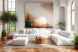© GustavsMD - Luxurious White Sectional Sofa in Bright Room. A luxurious living space flooded with natural light, boasting a large white sectional sofa, abstract canvas art, and thriving potted trees.