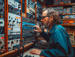 Sound Engineer Adjusting Equipment in Studio
