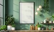 Mock up poster frame in kitchen interior on empty green color wall background. Mockup frame
