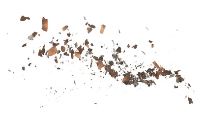 Wall Mural - Charred paper scraps flying, scattered isolated on white texture, clipping
