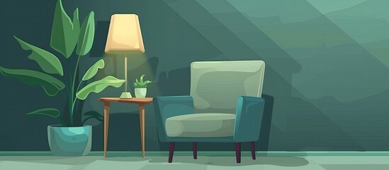 Poster - A cozy living room in a house with a chair, lamp, table, and potted plant. The interior design includes a tree outside the window, creating a tranquil atmosphere