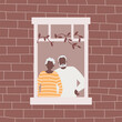 Couple of elderly people are standing at the open window. Black senior woman and black senior man are looking out the window from their apartment. No face people. Vector illustration