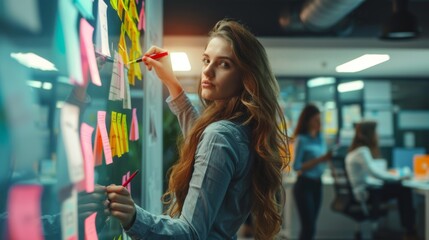 Wall Mural - a woman brainstorming with sticky notes