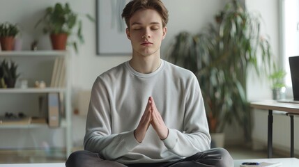 Wall Mural - Man Meditating in Work Space