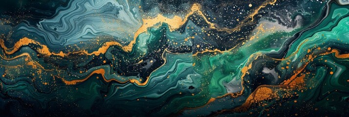 Poster - A swirling blend of gold and green hues creates a mesmerizing abstract painting, evoking a sense of enchantment and tranquility