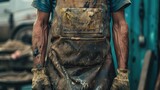 Fototapeta Zachód słońca - A man wearing a dirty apron and gloves. Suitable for industrial or messy work concepts
