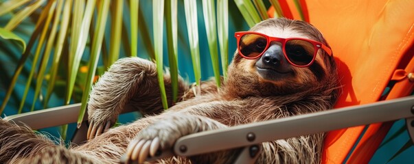 Wall Mural - Sloth with sunglasses lying on the lounger enjoying summer beach